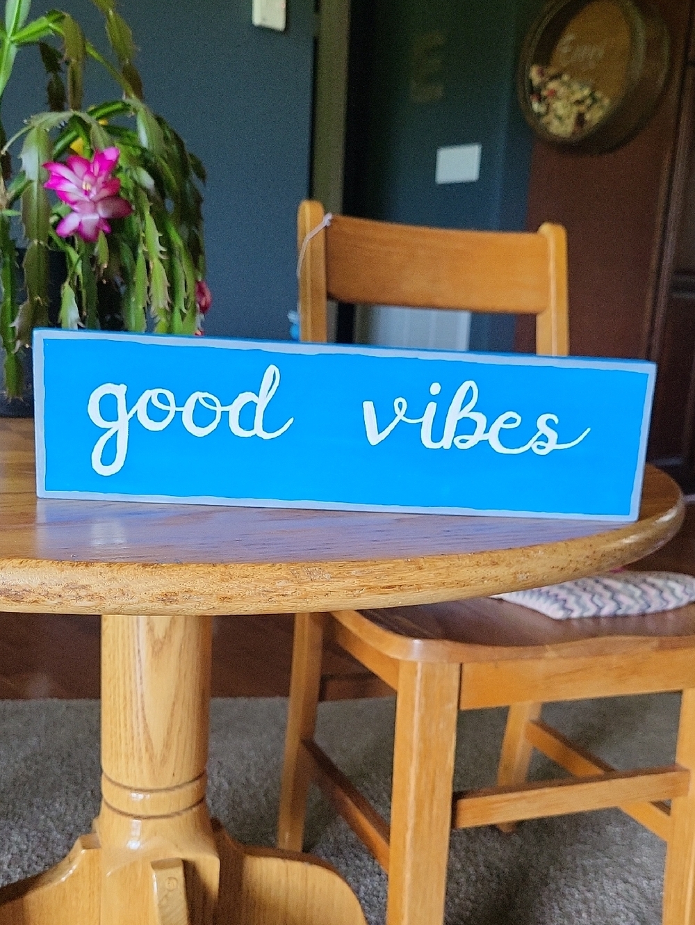 Good Vibes Wooden Sign - Blue with White Script